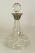 SMALL CUT GLASS SHIP`S DECANTER WITH SILVER LIP AND GLASS STOPPER, 6 ½" (16.5cm) high, Birmingham