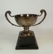 A SILVER PRESENTATION TROPHY CUP, with double scroll handles and raised on a domed square base, with