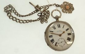 E. WISE, MANCHESTER, SILVER OPEN FACED POCKET WATCH, key wind movement, white roman dial with