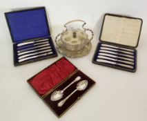 TWO SETS OF SIX CASED AFTERNOON TEA KNIVES, WITH FILLED SILVER SHELL CAPPED HANDLES, A PAIR OF