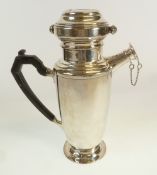 `MIXIT` ELECTROPLATED COCKTAIL SHAKER, with black angular scroll handle, stopper on chain and