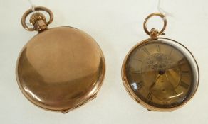 A STAMPED 14CT GOLD CASED OPEN FACED POCKET WATCH, gilt roman dial with seconds dial (crystal