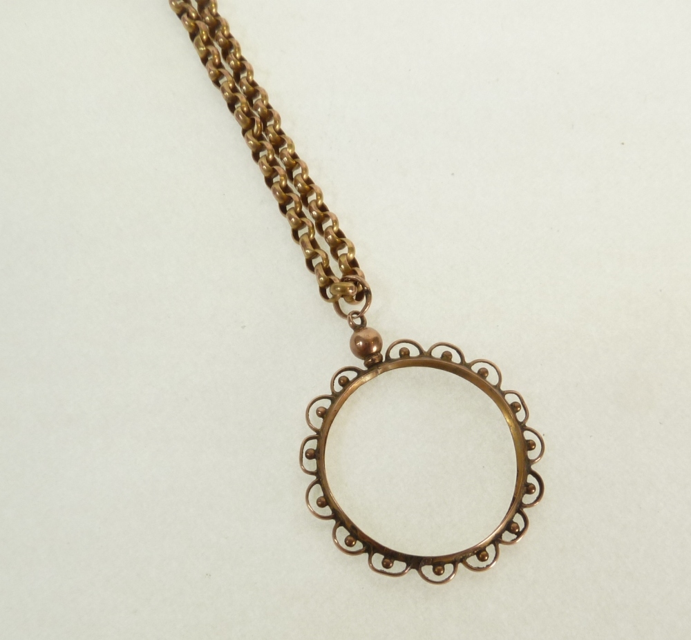 A STAMPED 9CT GOLD BELCHER CHAIN NECLACE with vacant circular pendant, 7.4g