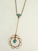 A STAMPED 9CT GOLD AND TURQUOISE OPENWORK PENDANT, the fine gold chain with small turquoise cabochon