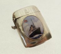 A SILVER VESTA CASE, WITH ENAMEL PLAQUE OF THE WHITE STAR LINE RMS OLYMPIC,  SISTER SHIP TO THE
