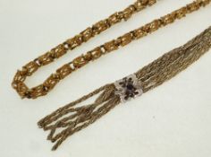 A GILT METAL TRIPLE ROPE CHAIN NECKLACE, WITH PASTE SET DETAIL AND ANOTHER GILT METAL FANCY CHAIN