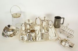 SILVER PLATED ON COPPER WINE FUNNEL, three piece hotel plated TEASET, muffin dish and cover,