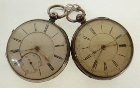 TWO VICTORIAN SILVER CASED OPEN FACED POCKET WATCHES, key wind movements, with white roman dials,