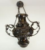 EIGHTEENTH CENTURY AUSTRIAN SILVER (13 LOT) CENSER, suspended from three interlinked chains, pierced