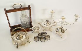MISCELLANEOUS ELECTROPLATE to include; TEA SET of three pieces raised on scroll supports, cut