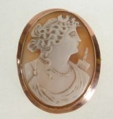 A CARVED OVAL SHELL CAMEO BROOCH, DEPICTING THE DIANA THE HUNTRESS, IN STAMPED 9CT GOLD FRAME,