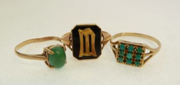 A 9CT GOLD RING WITH SQUARE TOP SET WITH NINE TURQUOISE CABOCHONS, with pierced shoulders, A 9CT