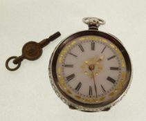 A SILVER CASED FOB WATCH, keywind movement, with enamel dial, CASE APPLIED WITH ENAMEL PLAQUE WITH