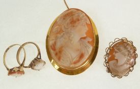 A CARVED OVAL SHELL CAMEO BROOCH, DEPICTING A CLASSICAL LADY, IN STAMPED 9CT GOLD FRAME, 2" (5.1cm),