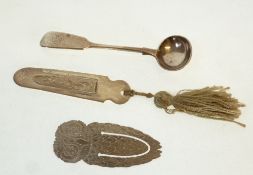 A VICTORIAN FIDDLE HANDLE MUSTARD SPOON, Exeter 1857, A SILVER FOLIATE ENGRAVED BOOKMARK, with