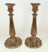 PAIR OF VICTORIAN PLATED ON COPPER CANDLESTICKS (very worn)