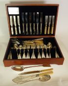 COMPOSITE CANTEEN OF SILVER AND PLATED CUTLERY COMPRISING A WILLIAM IV FIDDLE PATTERN BASTING SPOON,