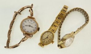 LADY`S VERTEX 9CT GOLD CASED WRIST WATCH, white Arabic dial, on expanding rolled gold strap, AND TWO