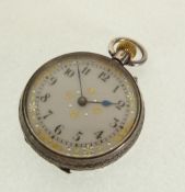 A SILVER CASED FOB WATCH, keyless movement, with enamel dial