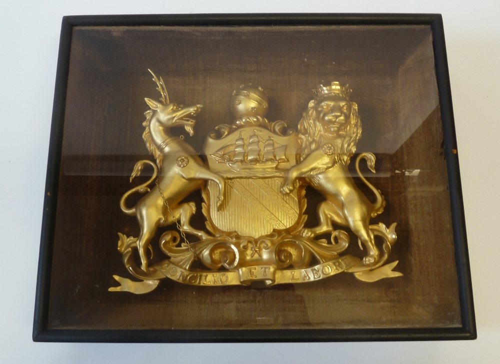 LATE VICTORIAN GILT GESSO ALTO RELIEF AND PIERCED REPRESENTATION OF THE MANCHESTER COAT OF ARMS, by