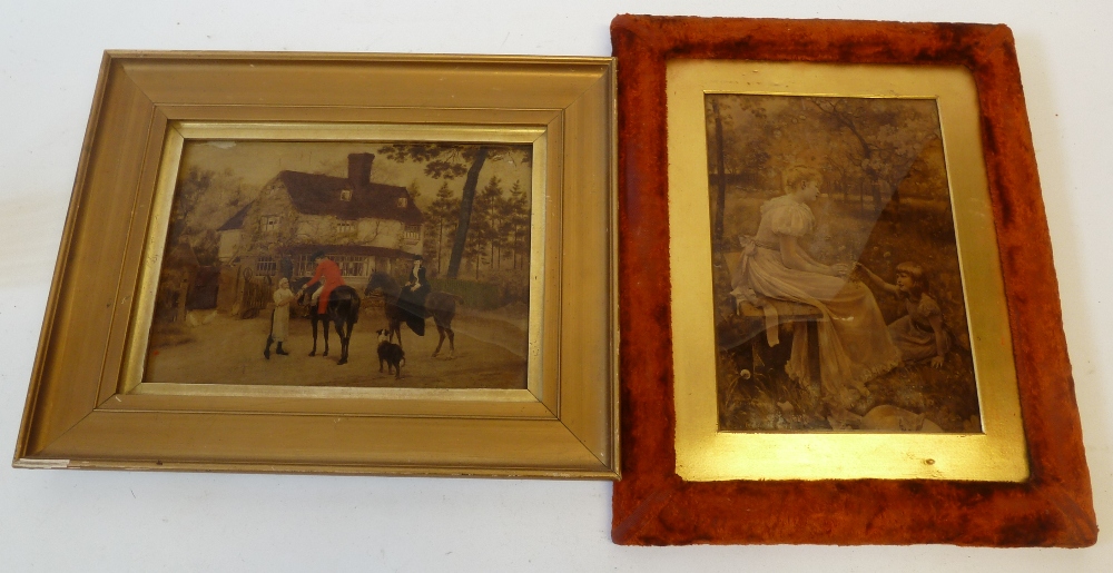 TWO CRYSTOLEUMS ONE DEPICTING FIGURES ON HORSEBACK OUTSIDE A COTTAGE, 7 1/4"" x 10"" (18.4cm x 25.