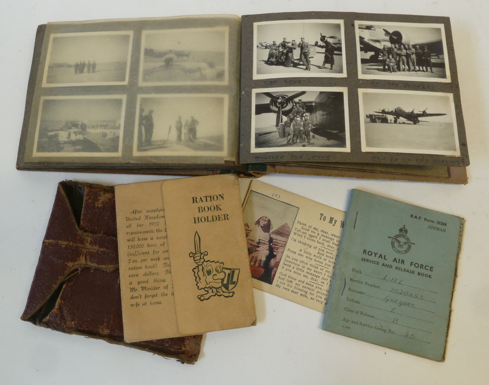 E GREGORY ROYAL AIRFORCE SERVICE AND RELEASE BOOK CIRCA 1946 service No 152483, a SMALL AMOUNT OF