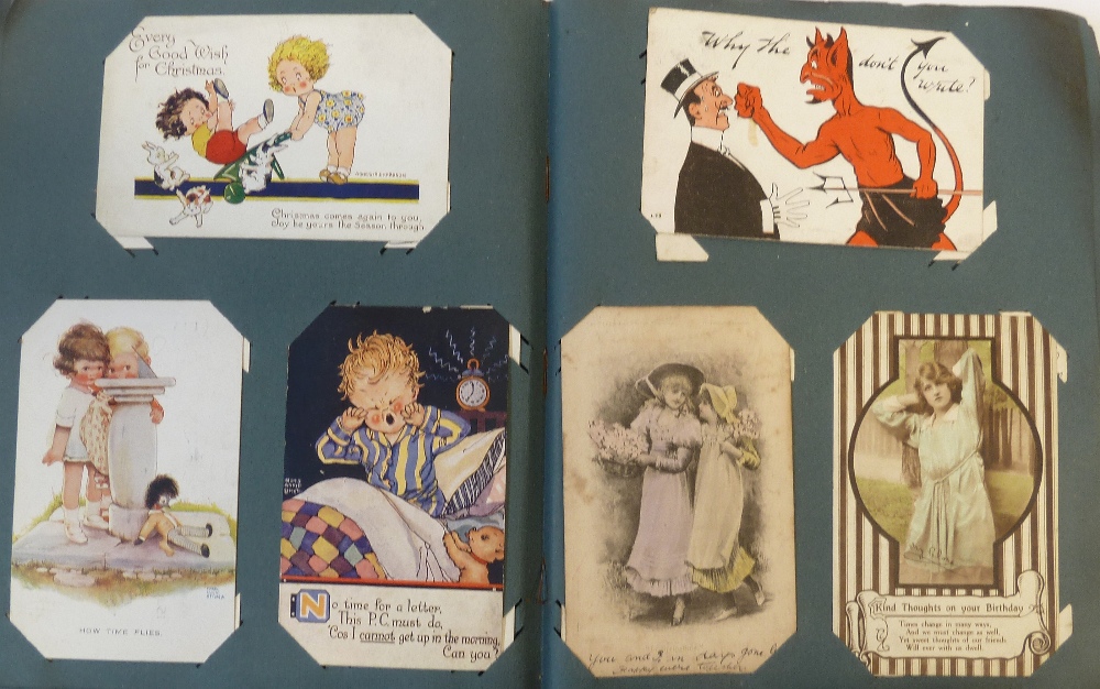 AM EARLY TWENTIETH CENTURY ALBUM CONTAINING APPROX 255 MOSTLY PICTORIAL, AMUSING AND SOME