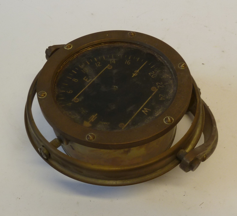 H B & S Ltd LONDON `SESTREL` HEAVY BRASS CASED MILITARY TYPE COMPASS with black and white enamel