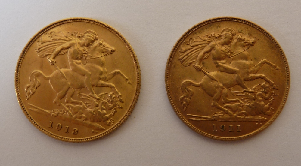 TWO GEORGE V GOLD HALF-SOVEREIGNS 1911 and 1913 (2)