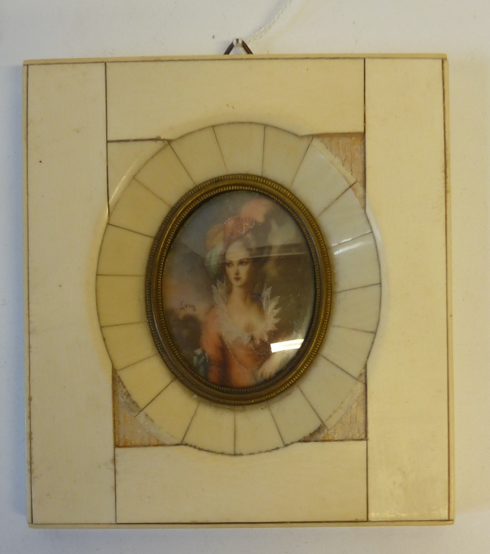 A SIGNED 20TH CENTURY PIANO KEY MINIATURE OF A WELL-DRESSED GAINSBOROUGH LADY, in ivory mounted