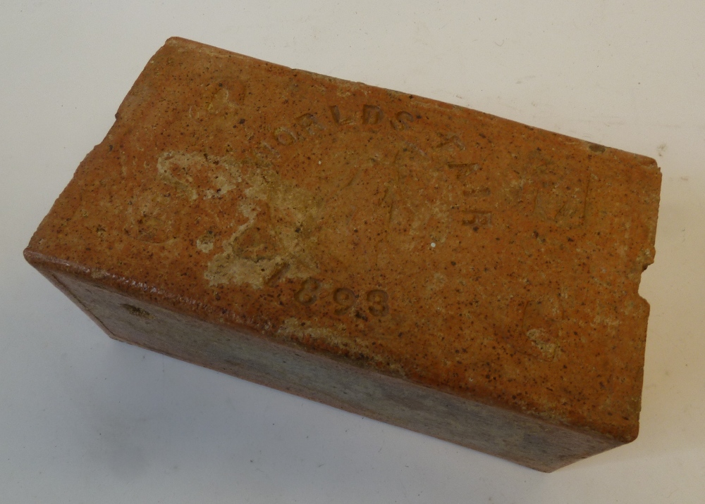 *1893 Chicago - A BUILDING BRICK the front incise moulded `Worlds` Fair 1893`, 9"" x 5"" x 3 1/2