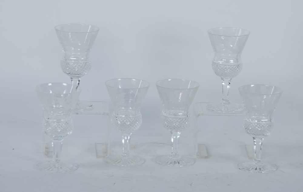 SET OF SIX CUT GLASS STEM WINES, the thistle shaped bowls, thistle engraved and with stud cut