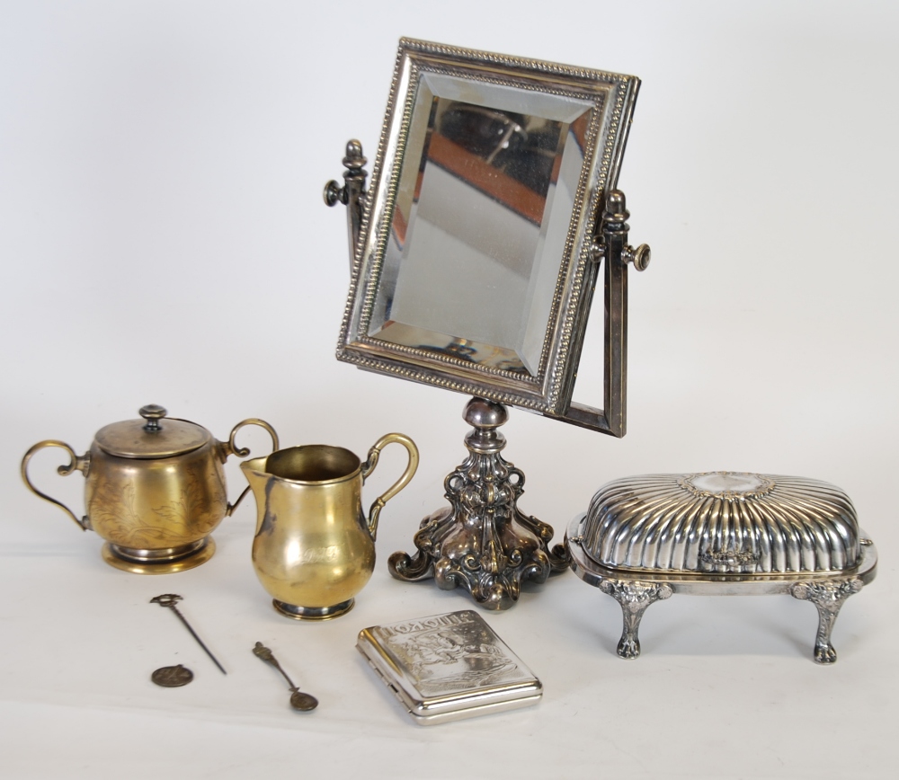 AN ELECTROPLATE FRAMED SHAVING MIRROR, ON ADAPTED RUSSIAN ELECTROPLATED BULBOUS BASE, 13 ½"" (34.