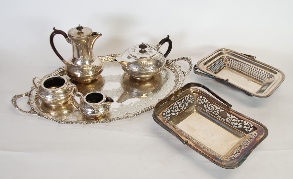 LATE VICTORIAN FOUR PIECE ELECTROPLATED TEA SET with floral engraved borders, together with an OVAL