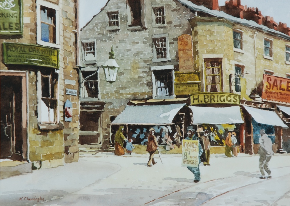 KEN CHERRINGTON WATERCOLOUR DRAWING Bygone street scene `Royal Oak` Signed 10" x 13 3/4" (25.4 x