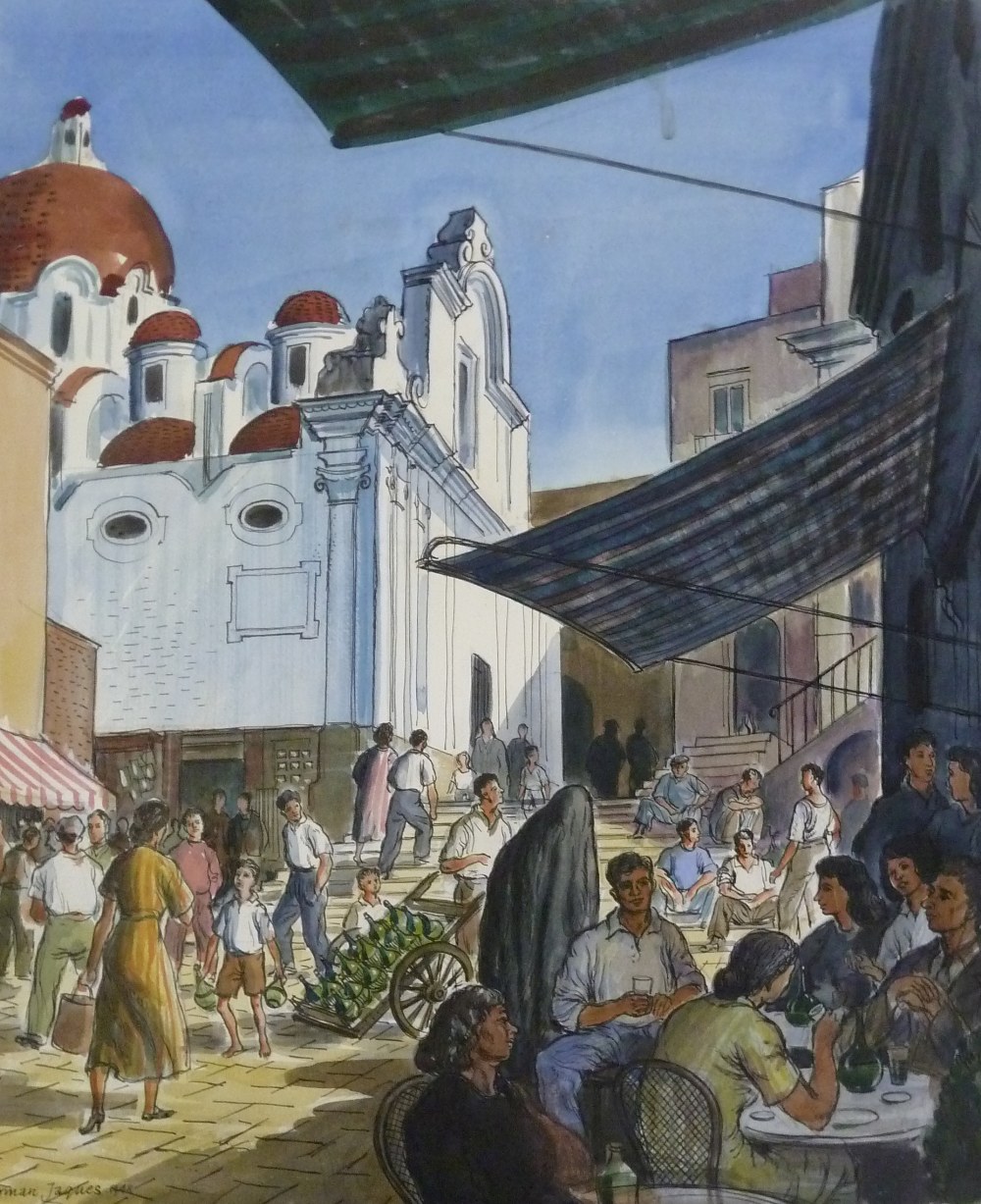 NORMAN C JAQUES (1926 - 2014) PEN AND WATERCOLOUR DRAWING Greek town square, with church, busy