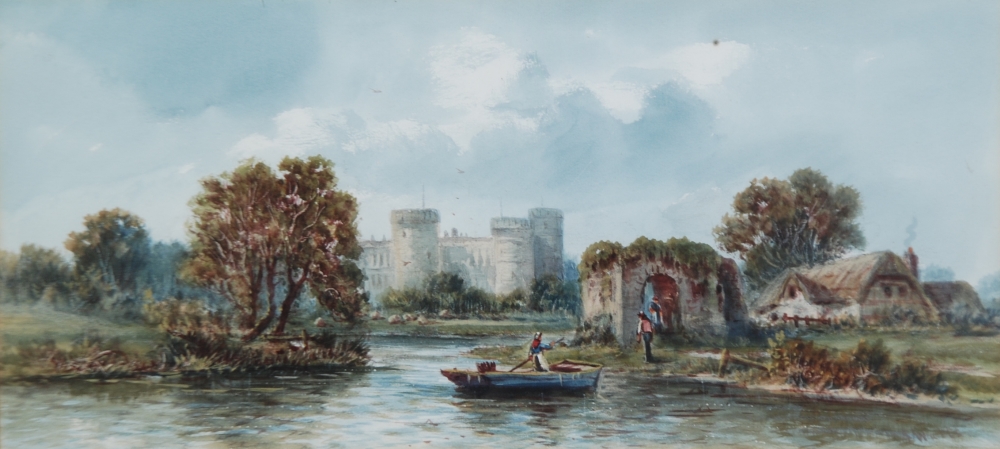 JAMES THOMAS WATTS (late 19th Century) Watercolour A river landscape with figures and castle in