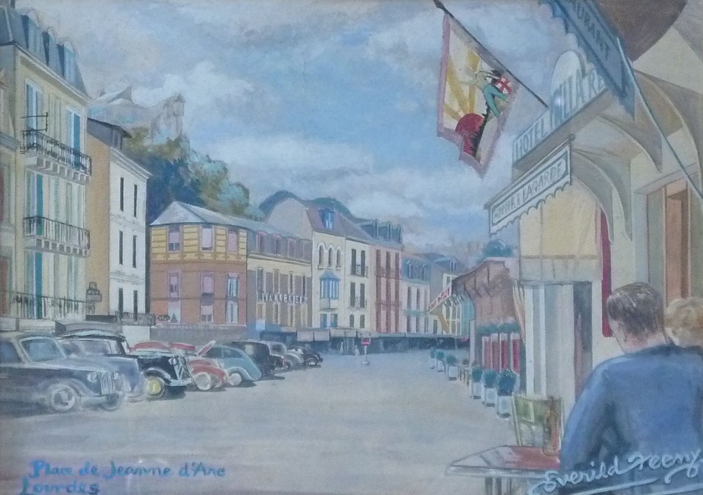 E. FEENY (twentieth century) WATERCOLOUR DRAWING "Place de Jeanne d`Arc, Lourdes" Signed and