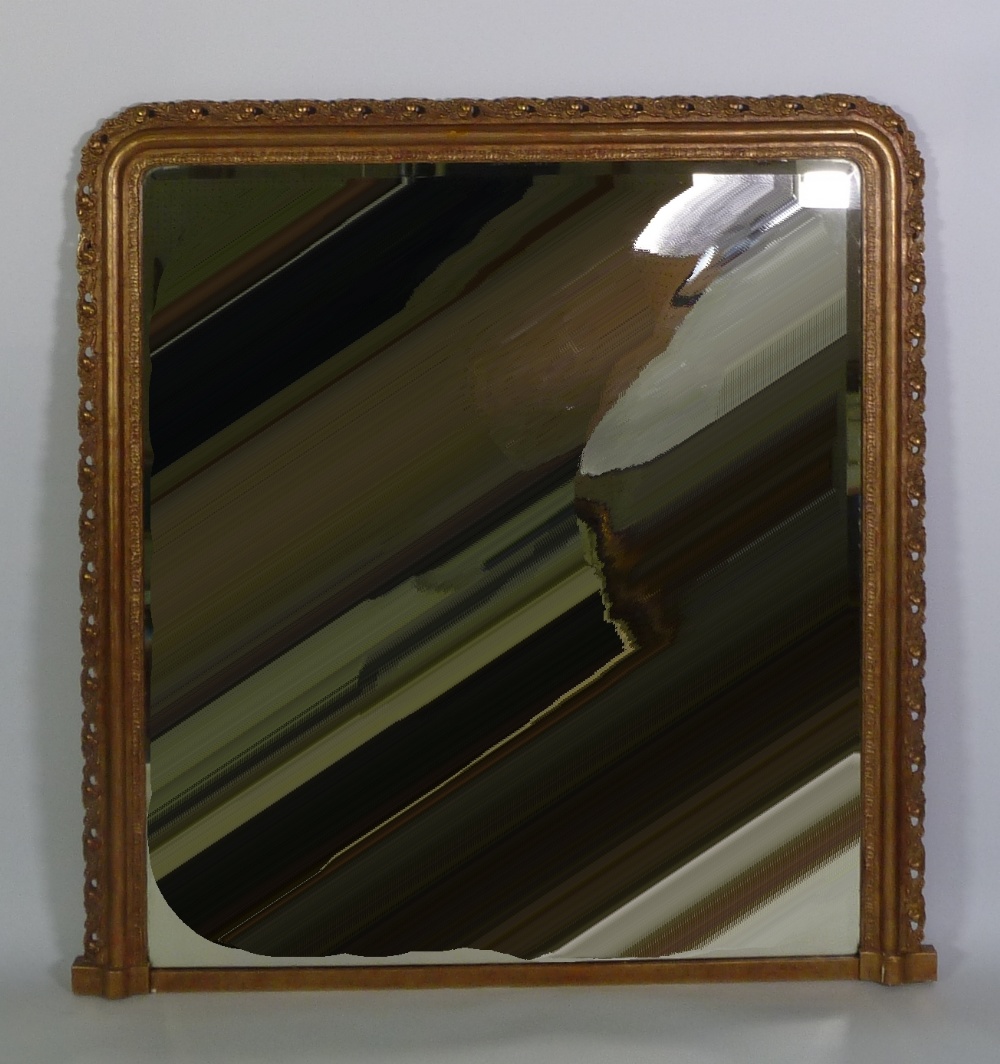 LATE VICTORIAN GILT GESSO FRAMED BEVELLED OVERMANTEL MIRROR MATCHING PRECEDING LOT, 41 1/2"" x 39