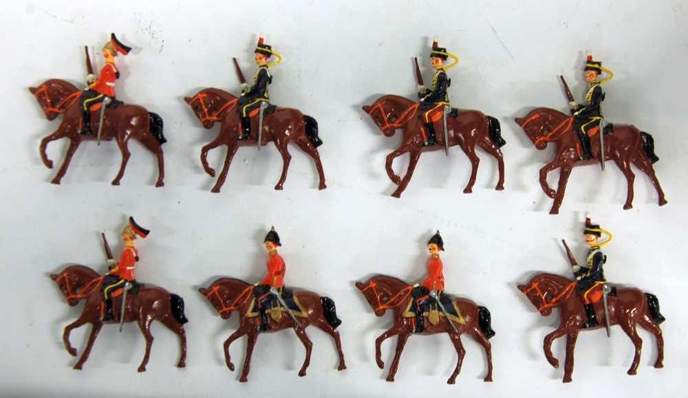 RECAST SOLID BRITAINS MOUNTED - 11th Hussars x 2. 3rd Hussars x 2. Horse Guard with carbine x 2.