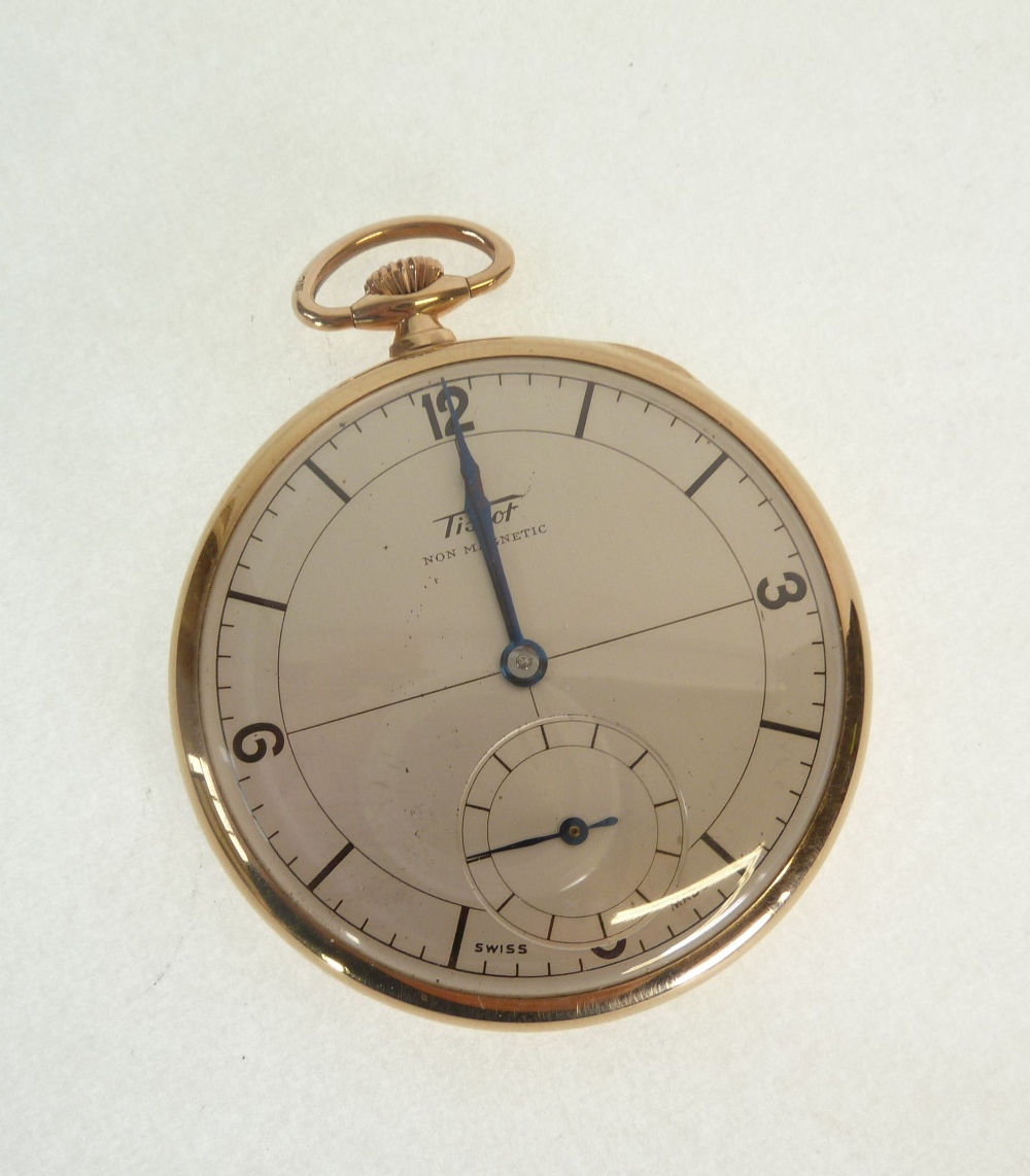 A GENT`S TISSOT 9CT GOLD NON-MAGNETIC DRESS POCKET WATCH with keyless movement, the silvered Arabic