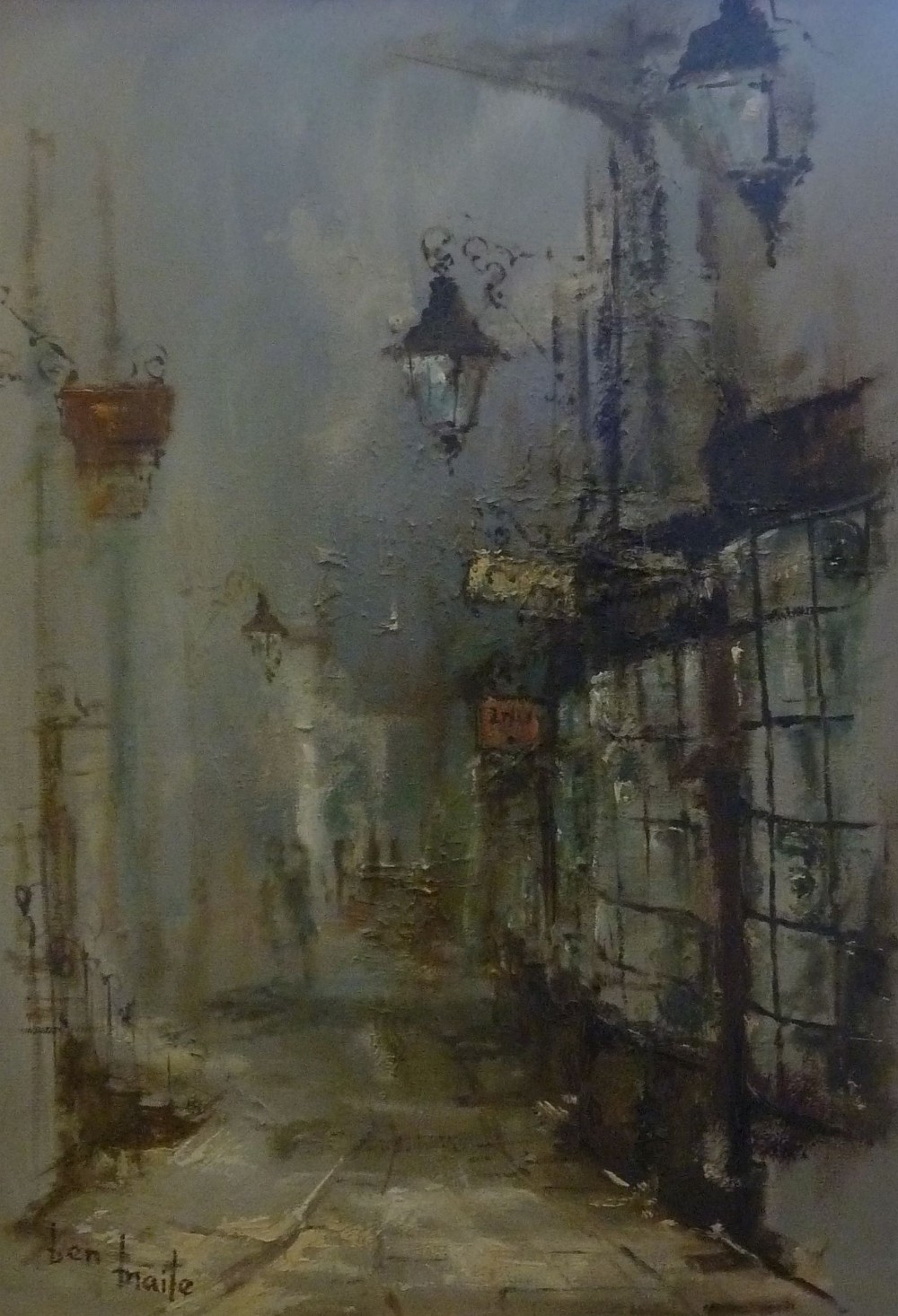 BEN MAILE OIL PAINTING ON CANVAS Street scene with shops Signed lower left 28" x 20" (71 x 51cm)