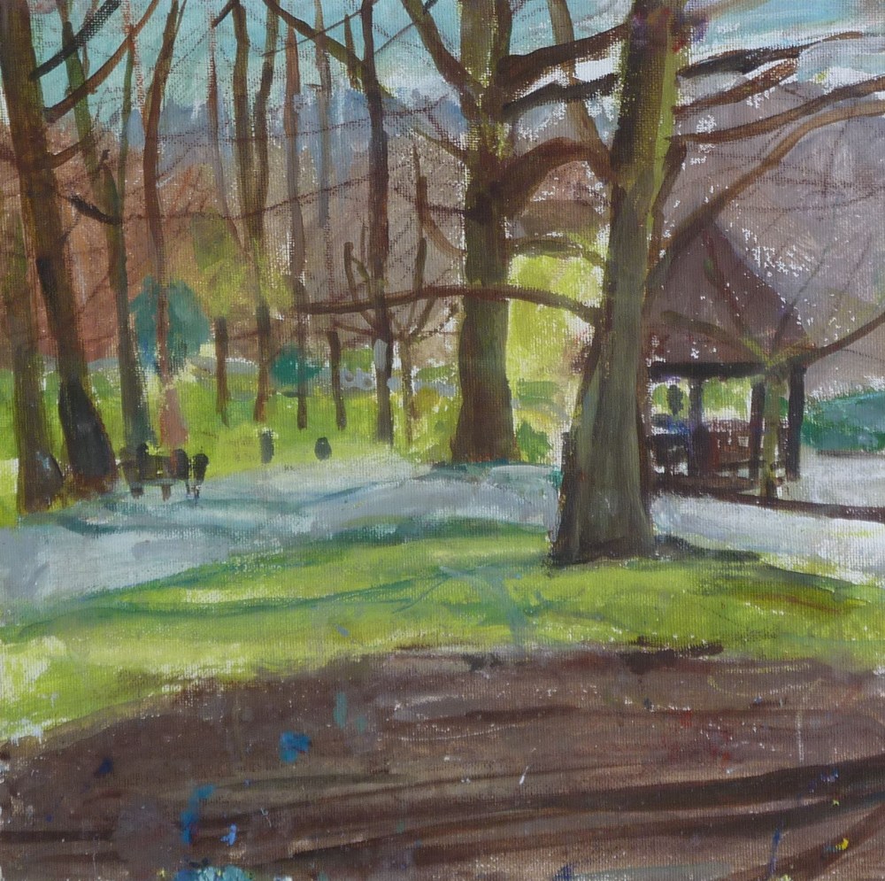 •PAUL BASSINGTHWAIGHTE (b. 1963) OIL AND ACRYLIC `The Park` signed and titled to label verso 11 3/4"