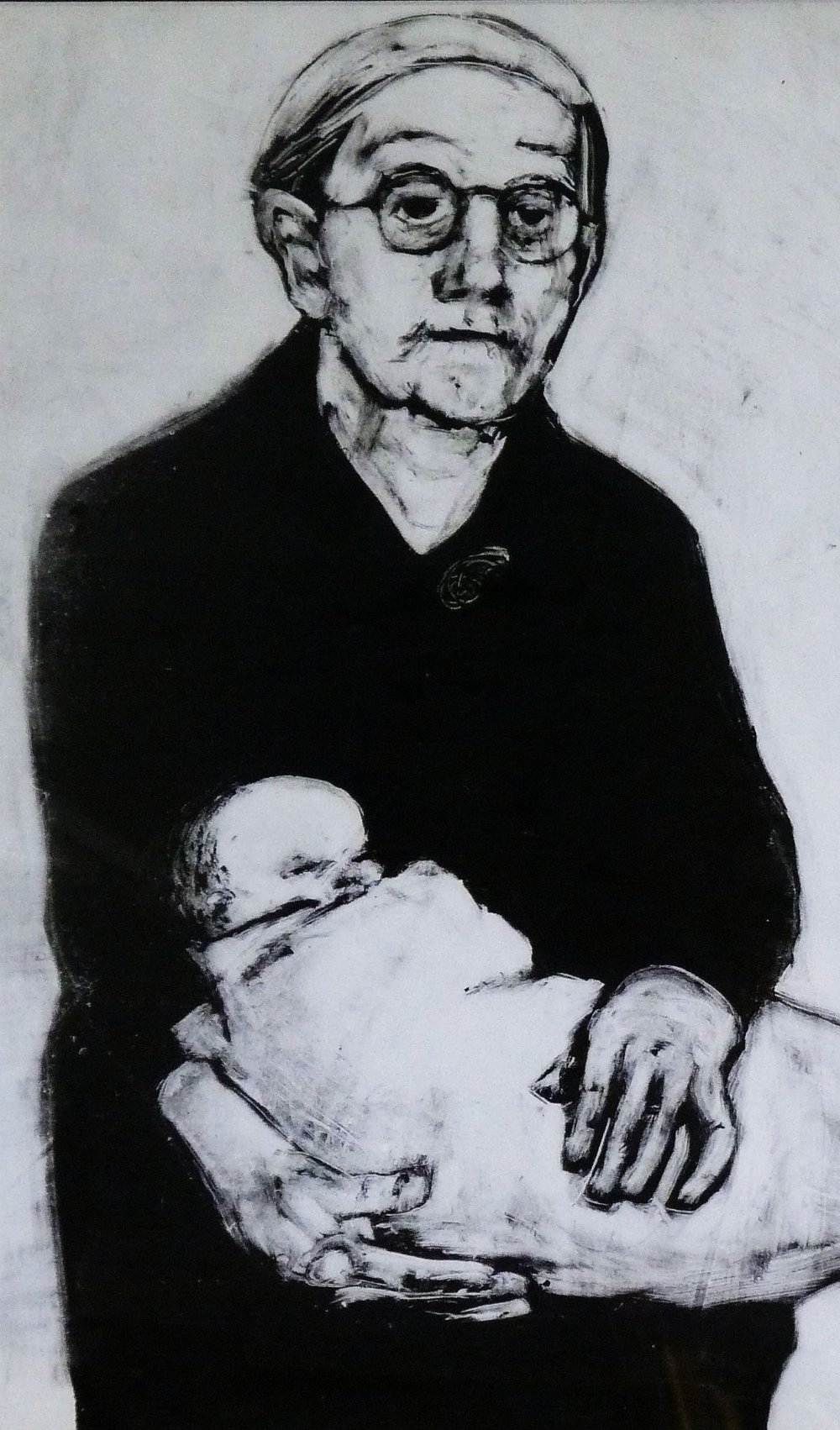 ROGER HAMPSON (1925 - 1996) MONOPRINT Old woman seated with a baby on her lap 19" x 12" (48.25 x