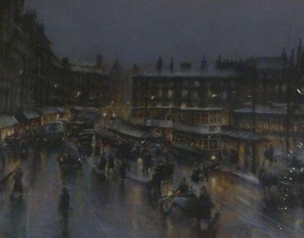 •MARC GRIMSHAW (b. 1957) PASTEL ON COLOURED PAPER Busy Manchester Piccadilly street scene with trams