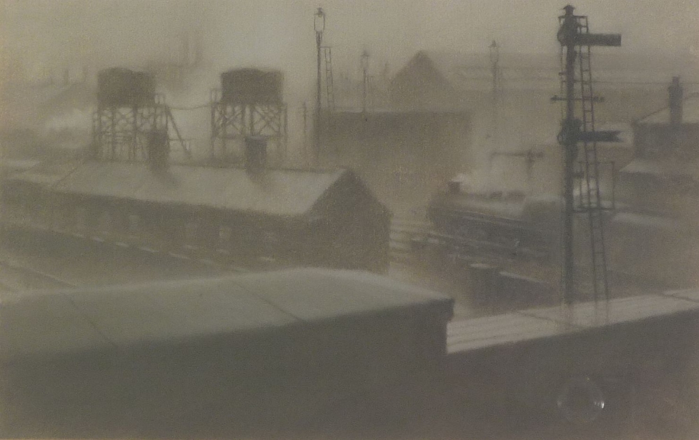 MARTIN J. DOBSON (B.1947) MONOCHROME PASTEL DRAWING "View From a Bridge" Signed and dated 1983