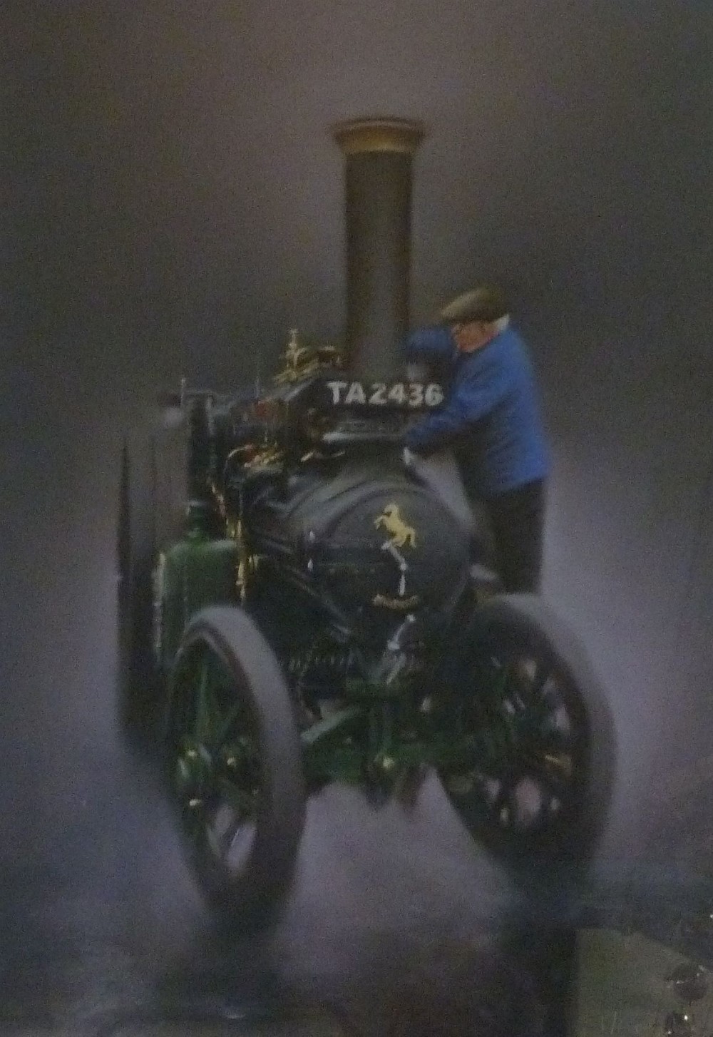 •MARC GRIMSHAW (b. 1957) PASTEL ON COLOURED PAPER Fred Dibnah standing beside a traction engine