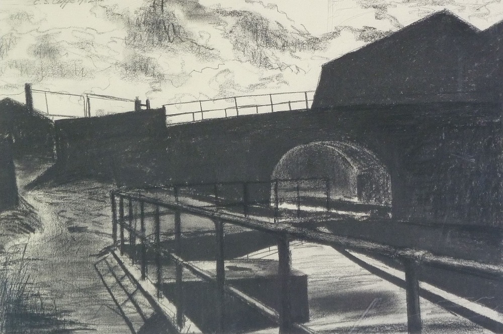 C.S. CLIFFE (Twentieth century) MONOCHROME CHARCOAL DRAWING "Portland Basin, Ashton Canal" Signed