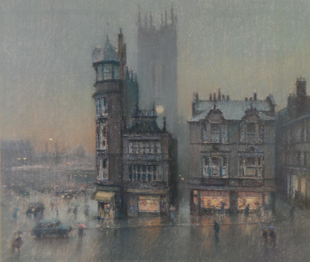 •BOB RICHARDSON (B.1938) PASTEL Corner of Victoria Street and Deansgate, Manchester Signed 16" x