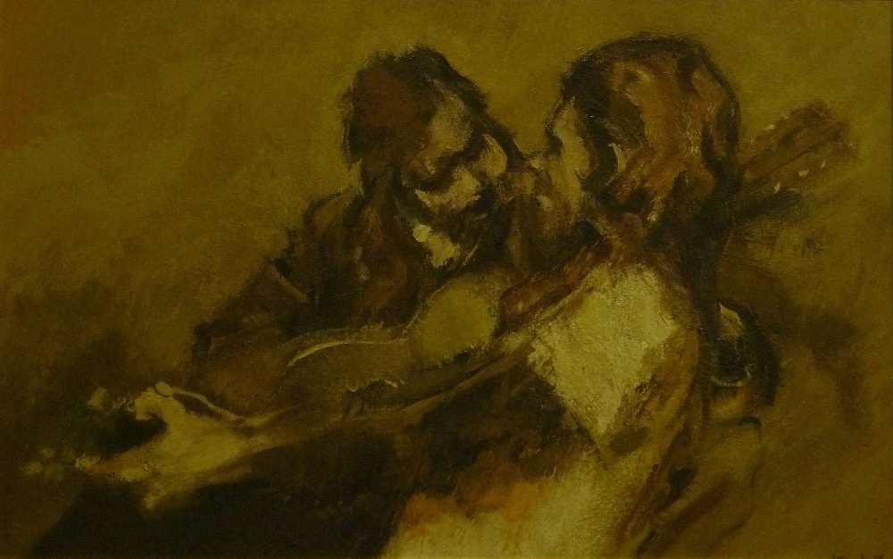 •JOHN McCOMBS OIL PAINTING ON BOARD Two male folk singers round a microphone with guitars signed and